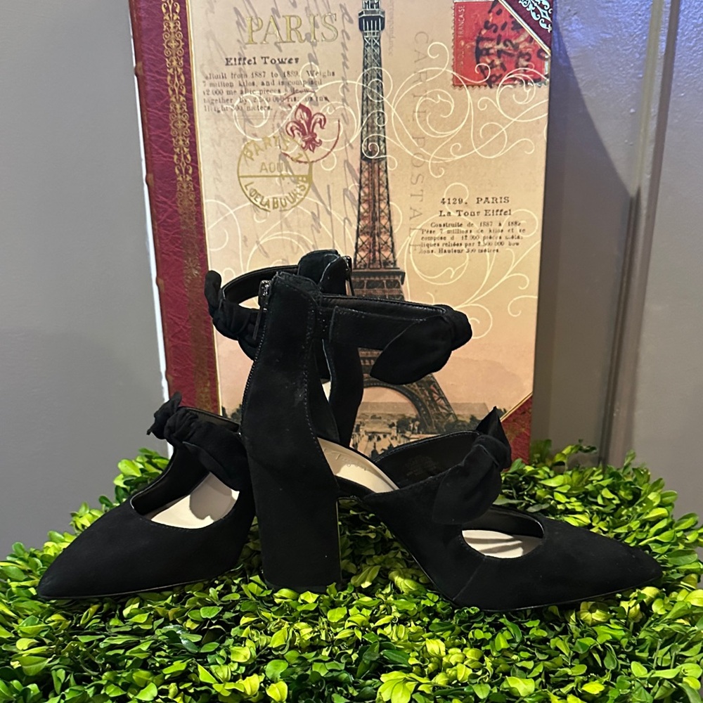 Lord & Taylor Black Suede Pointed Block Heel Pumps with Ankle Tie